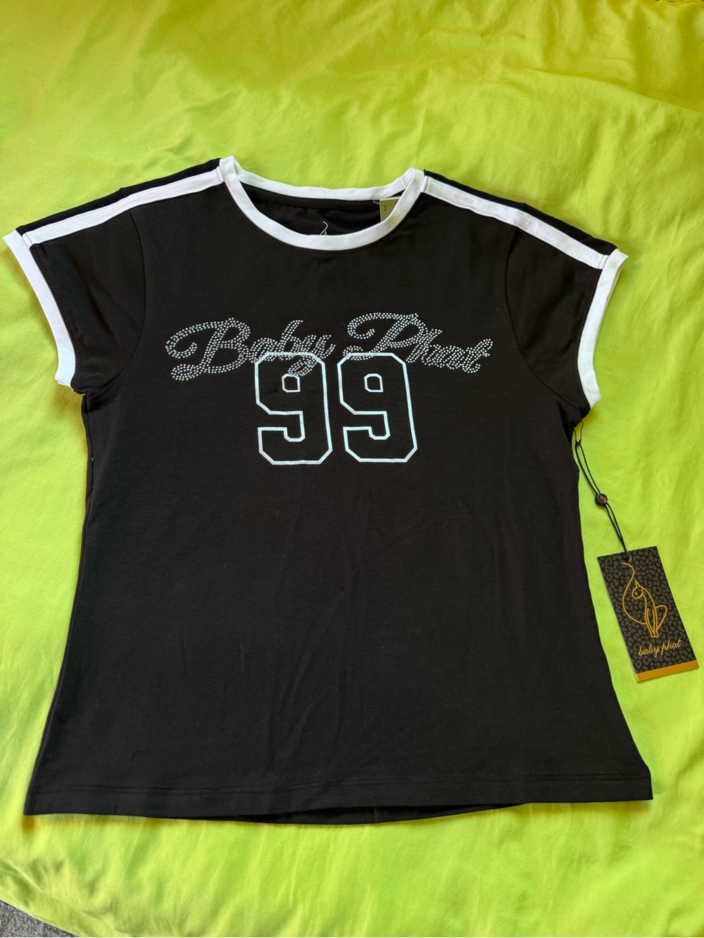 Baby Phat Black Tee with White Contrast and Rhinestone Script 99